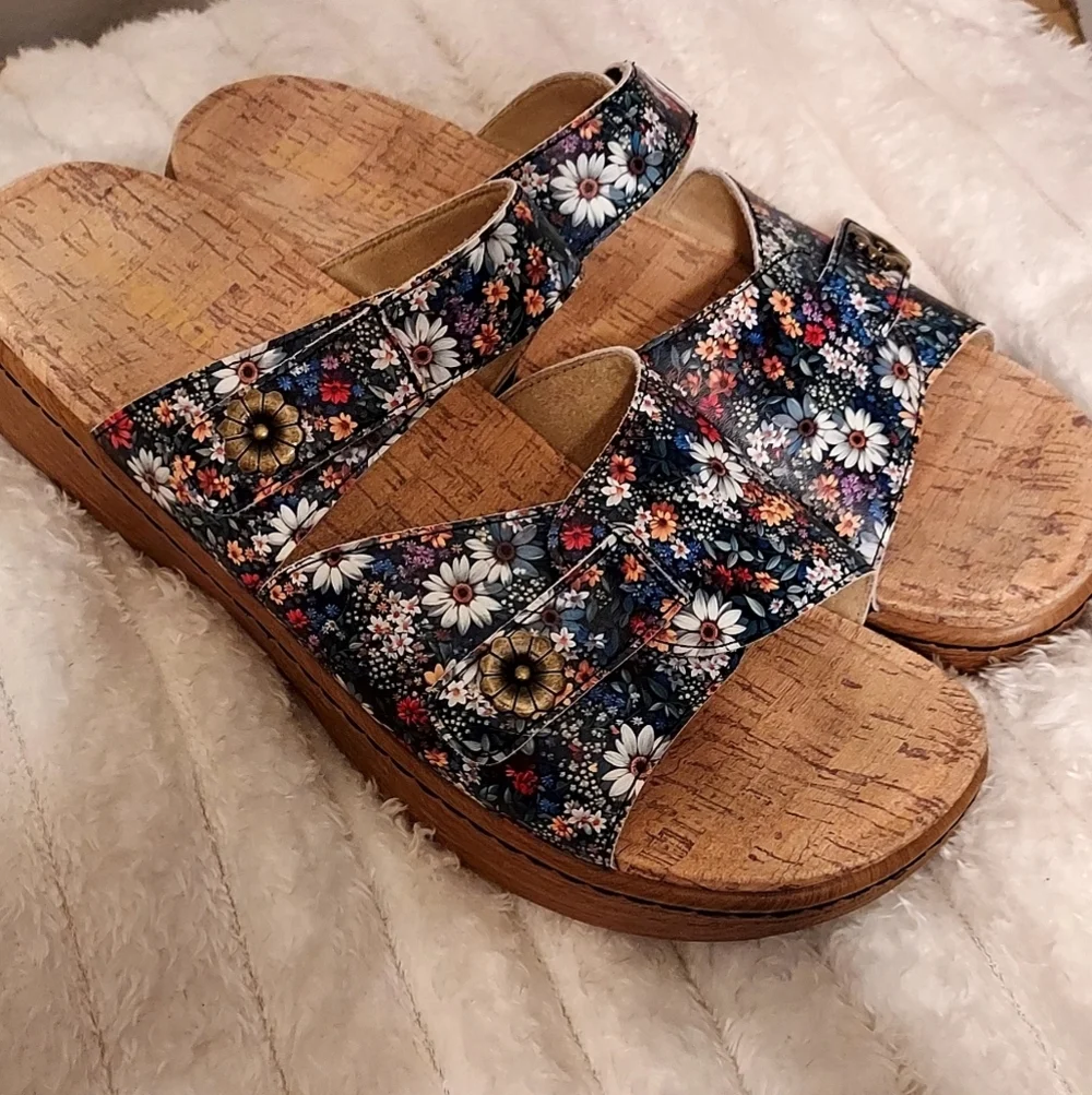 Alegria Floral Double Buckle Platform Slip On Sandals - Picture 2 of 6